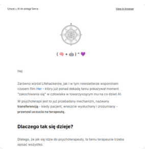 Przykład newslettera Ludwika C. Siadlaka: nagłówek z logo kompasu i formułą (Mózg + Robot)^Serce